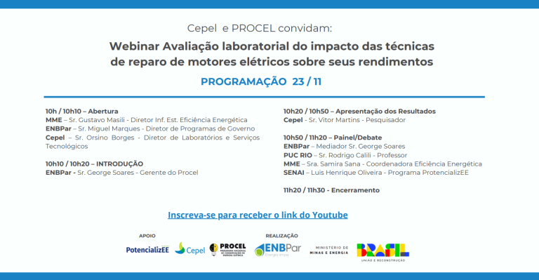 Leia mais sobre o artigo Procel/Cepel promovem webinar gratuito sobre eficiência energética no reparo de motores 